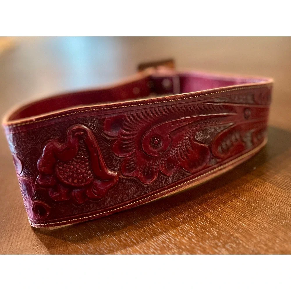 Gaitan Tooled Leather Belt Women 33.5 Burgundy Fair Vintage Floral Wide Western